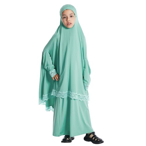 FYMNSI Muslim Clothes for Girl Kids Abaya Dress Full Cover Lace Hijab Dress Islamic Kaftan Khimar Skirt Set Prayer Dress 2PCS2