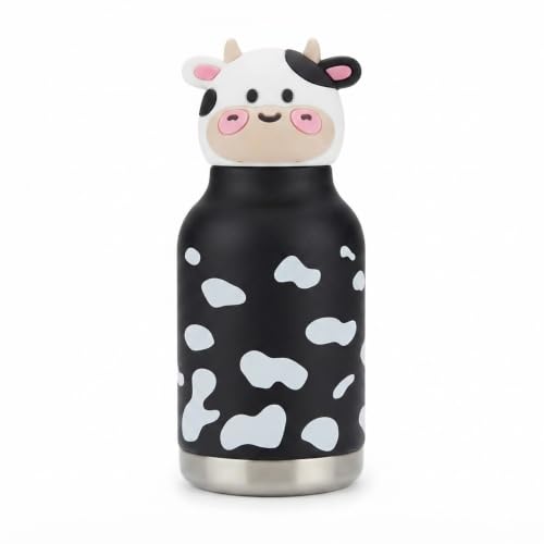 Image of JOUET Kids Stainless Steel Water Bottle 280ml with Cute Cow Character Lid, Black & White Leakproof Drinking Bottle for School, Travel & Daily Use