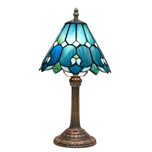 Lámpara de mesa estilo Tiffany de 8 pulgadas con vitrales, diseño floral, estilo Art Déco vintage, pequeña lámpara de escritorio for lectura, mesita de noche, dormitorio, sala de estar y oficina.(Blue