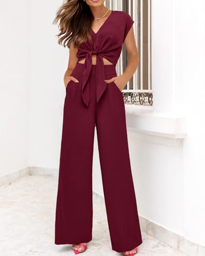 Image of PRETTYGARDEN Women's Summer 2 Piece Outfits 2026 Cap Sleeve V Neck Belted Crop Tops Wide Leg Pant Sets Casual Tracksuit