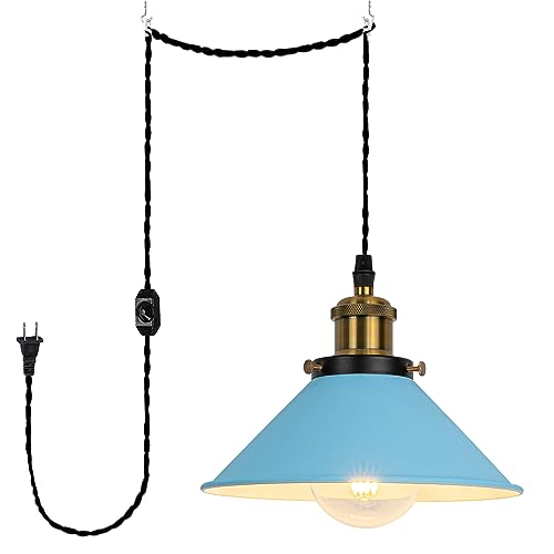KIVEN ペンダントライト コンセント式 吊り下げライト コード長さ450cm コードに調光スイッチつき 調光対応 スタイリッシュ おしゃれ インテリアライト 玄関照明 口金E26 電球別売り 直径22cmブルーシェード