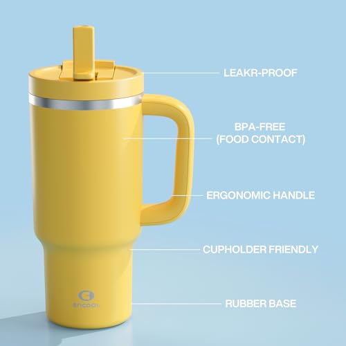 Image of 32 oz Tumbler with Handle and Straw: Stainless Steel Insulated Tumbler Keeps Cold for 24 Hours, Leakproof Travel Cup Fits in Cup Holder and BPA-Free, Elfin Yellow