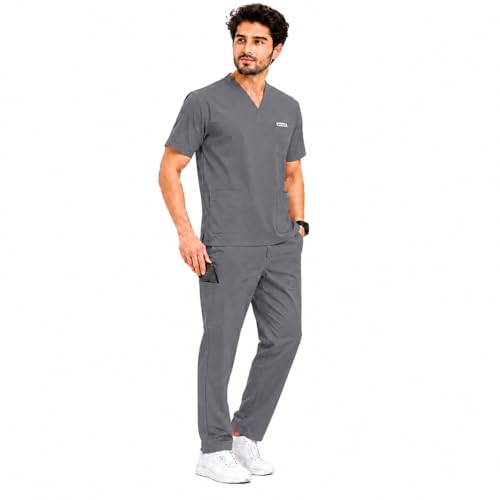 Image of Unisex Medical Scrub Suit Set, V-Neck Top with Pants, Short Sleeve, Polyester Cotton Blend, 7 Pockets, Regular Fit, Hospital Doctor Nurse Uniform