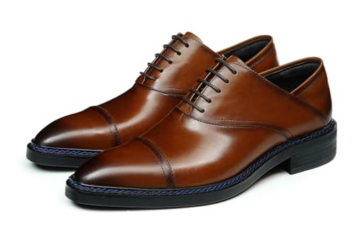 Santimon Men's Cap-Toe Oxfords Dress Shoes - Genunie Leather Lace-Up Formal Business & Wedding Shoes with Comfortable Cushioned Insole, Polished Upper, Non-Slip Rubber Sole