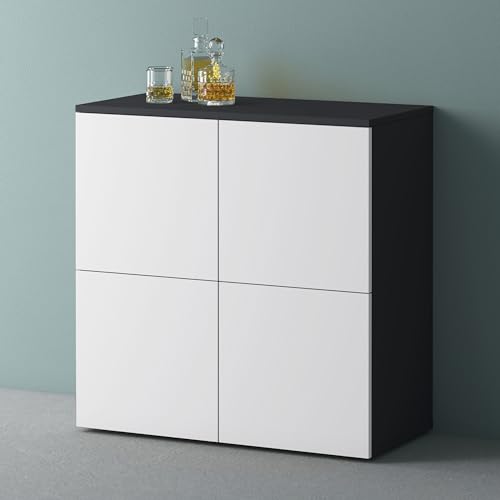 Mai & Mai Meuble de Rangement avec 4 Portes et 4 Compartiments Casier de Rangement Polyvalent Buffet Gris Noir Mat + Blanc Mat 76x36,4x74 cm SR04