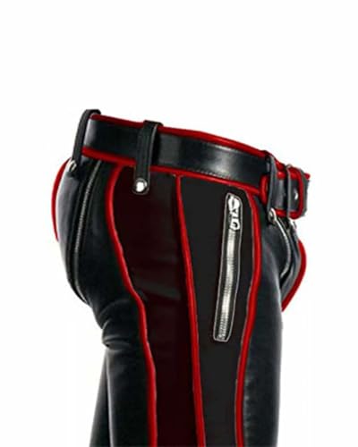 Men’s Heavy-Duty Real Black Leather Jeans – Bondage Style Trousers with Red Piping, Reinforced Build and Statement Fetishwear Design Garment Waist 34", Inseam Length 31"4