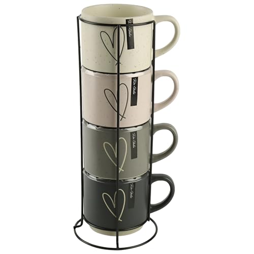 Festa Italia 4 x 400 ml Espressotassen Set aus Keramik mit Ständer - Stapelbar Espresso Tassen - Expresso Tassen Modern - Esspresotasen - Mokkatassen - Kaffeebecher für Espresso, Latte, Cappuccino