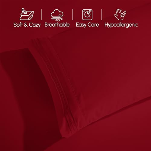 Image of Elegant Comfort Luxurious 1500 Premium Hotel Quality Microfiber Three Line Embroidered Softest 5-Piece Bed Sheet Set, Wrinkle and Fade Resistant, Split King, Burgundy