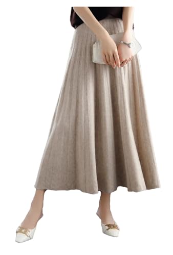 Women Fall Pleated Thicken Elegant Winter Long Cashmere Knit Skirt Elastic Waist 100% Wool Skirt Lighttan XL