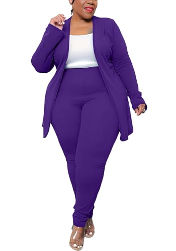 Plus Size Blazer Sets Women 2 Piece Outfits Business Casual High Waisted Long Pant Suits for Wedding Guest, Purple, 2XL