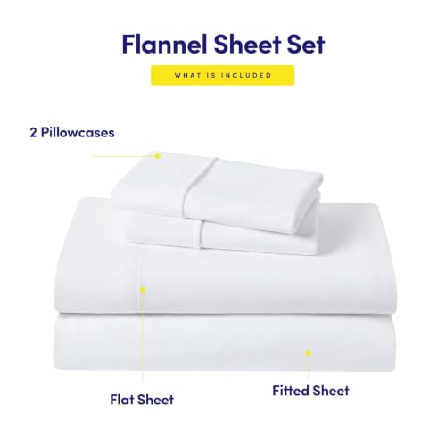 Image of Flannel Sheets Warm and Cozy Deep Pocket Breathable All Season Bedding Set with Fitted, Flat and Pillowcases, King, White