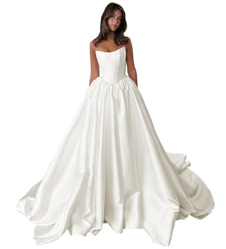 Strapless Wedding Dresses for Bride Satin Ball Gown A Line Bridal Dress with Pockets