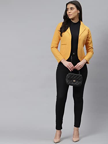 Image of Cottinfab Mustard Yellow Striped Open Front Blazer