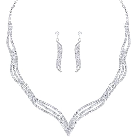 Fashion Pearl Crystal Chain Wedding Jewelry Set Rhinestone Flower Diamond Chain Tassels Collar Choker Necklace and Dangle Earrings Jewelry Set for Women Girl Party Dress Gifts, Brass, Crystal Pearl Cover