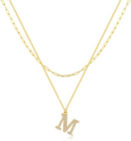 SUNFEEL layered Necklaces for Women, 14K Gold Plated 925 Sterling Silver initial Necklace Paperclip Chain Necklace CZ Dainty Jewelry Gifts for Mom Wife Girlfriend Bridesmaids