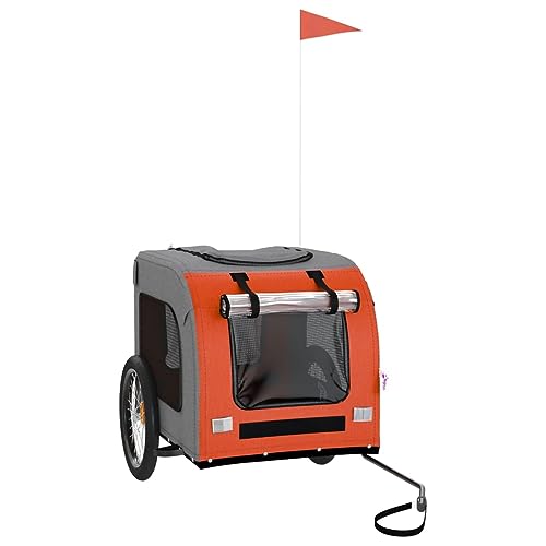 vidaXL Fahrradanhänger für Hunde, Hundeanhänger mit Reflektoren Flagge, Hundetransporter Maximale Belastbarkeit 45kg, Orange Grau Oxford-Gewebe Eisen