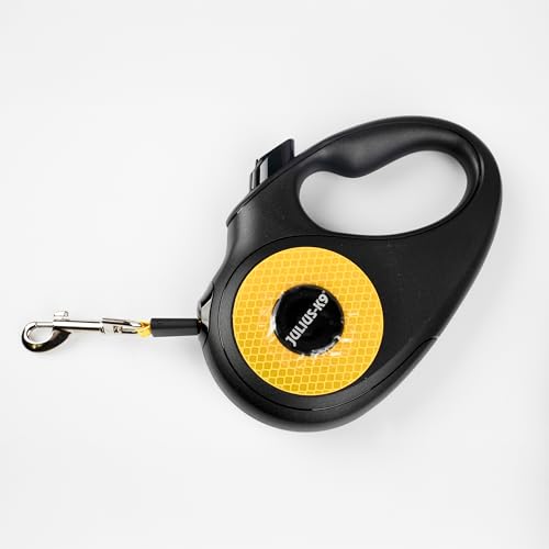 Julius-K9 Guinzaglio retrattile per cani, nastro da 5 m, nero/arancione, manico antiscivolo, estensibile, freno con una sola mano, pausa, blocco, nastro riflettente, anti-groviglio, resistente