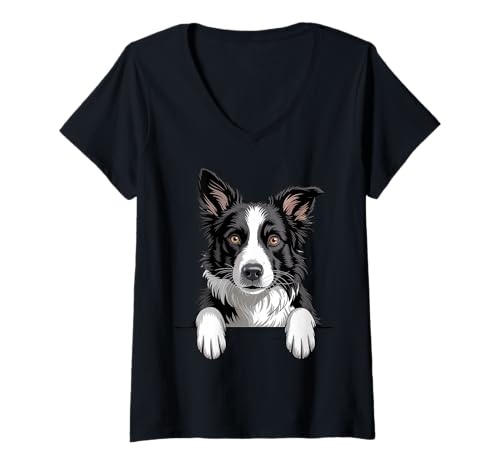 Mujer Border Collie Divertido Peeking Pocket Puppy Dog Lover Camiseta Cuello V