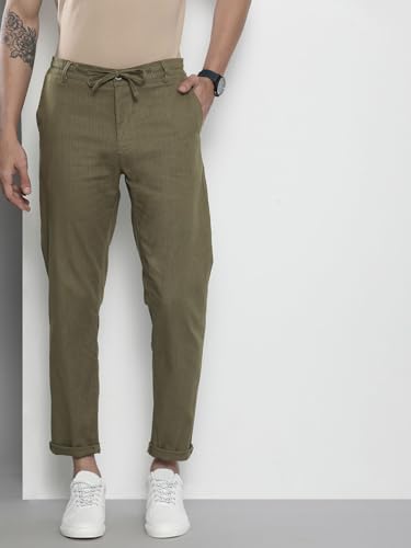 Image of The Indian Garage Co Men Slim Fit Solid Mid-Rise Elasticated Linen Trousers