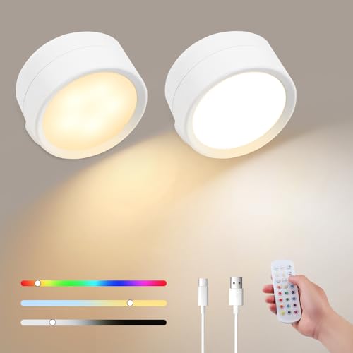 LED Wall Light 2PCS, Battery Operated Wall Light Indoor, Rechargeable Magnetic Reading Sconces Lamp with 16 RGB, 360°Rotatable Bedside Lamp with Remote Control for Bedroom Reading Living Room
