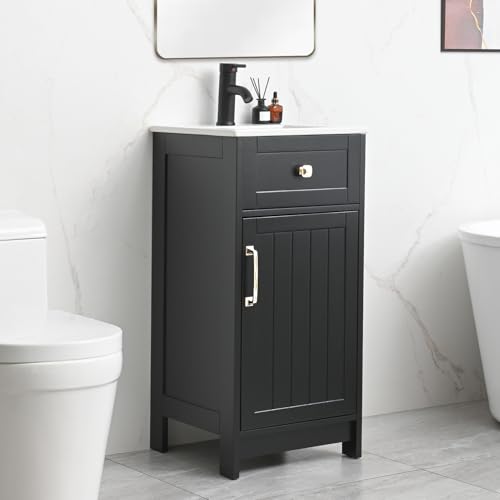 ALBAD 16-Inch Modern Bathroom Vanity with Sink, Compact Bathroom Vanity Set with Storage, Freestanding Small Space Bath Cabinet, Single Sink Cabinet with Adjustable Shelf (Black, 16 Inch)