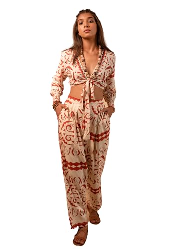 Image of REYYA Label Women's Cotton Bohemian Co-ord Set Casual V-Neck Full Sleeves Crop Top Printed Elasticated Straight Pant Set for Girls (Beige)