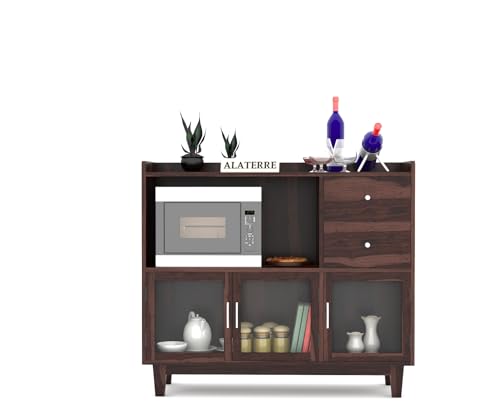 Image of Wood Kitchen Crockery Cabinet with Glass Door | Wooden Sideboard Cabinets Living Room | Crockery Unit, Dining Room Furniture, Chest of Drawers, Walnut Finish