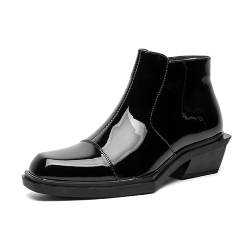 Men's Patent Leather Block Heel Chelsea Boots with Side Zipper Square Toe Comfort Business Dress Ankle Boots for Evening Dating Wedding
