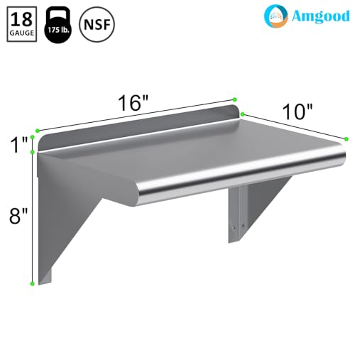 Image of AmGood 10 inch X 16 inch Stainless Steel Wall Shelf | Metal Shelving | Garage, Laundry, Storage, Utility Room | Restaurant, Commercial Kitchen | NSF