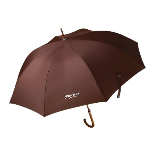 HideWise LONDON Classic Walking Stick Umbrella Crook Wooden J Handle Luxury Design│Auto Open Anti-UV Windproof Strong Brolly (Brown)