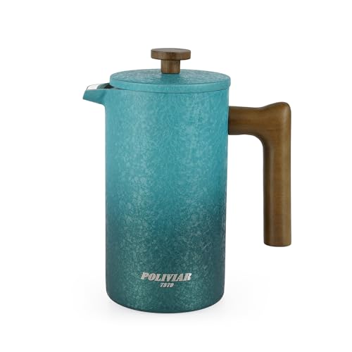 Poliviar French Press aus Edelstahl, Thermo Kaffeebereiter Doppelwandig isoliert, Kaffeebereiter 1 Liter, Handfilter Kaffeepresse mit Plunger & Griff aus Holz, Coffee Press 1