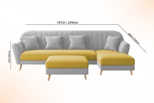 Image of Atticus RHS 6 Seater L Shape Sofa Set with Ottoman Living Room (Yellow Grey Colour Fabric) Premium Fabric Sofa Set for Living Room