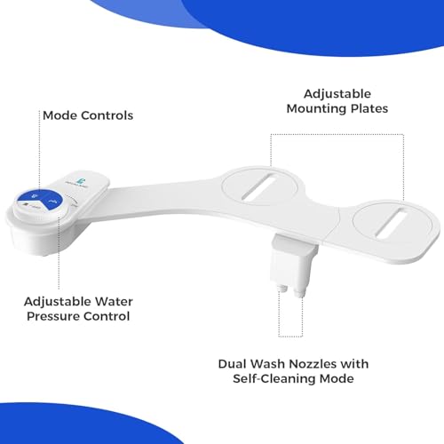 Image of POCALAND Bidet Attachment for Toilet Seat, Non-Electric Cold Water Bidet with Pressure Controls, Dual Nozzles for Frontal & Rear Wash, Retractable Self-Cleaning for Female & Old- White