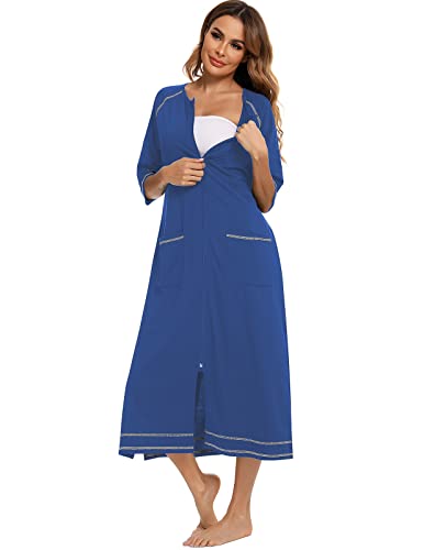 Image of Veseacky Women Robe Zipper Front House Coat 3 /4 Sleeve Nightgown Full Length Ladies Lounge Dress with Pockets S-XXL