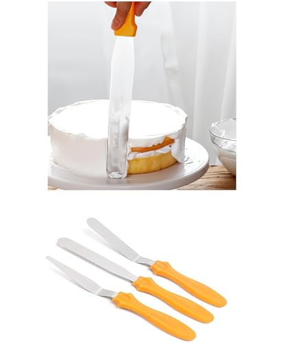Image of Caking Sculpting Baking Tools Plastic Stainless Steel Icing Spatulas for Frosting and Glazing Cake Decorating Supplies Sharp to Arrange The Shapes, Set of 3 (Orange)