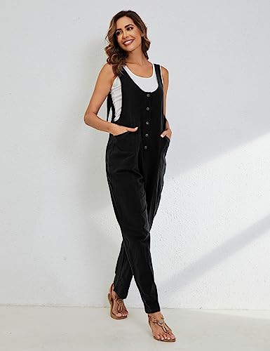 Image of Yeokou Womens Overalls Linen Cotton Jumpsuits Loose Casual Jumpers with Pockets