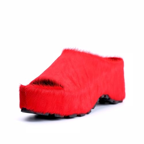 Image of XOBZJH Long-Hair Calfskin Chunky Clog Slide for Women - Memory Foam Luxury Slip on Shoes Women's Mules & Platform Clogs,Designer Mules for Women 2025