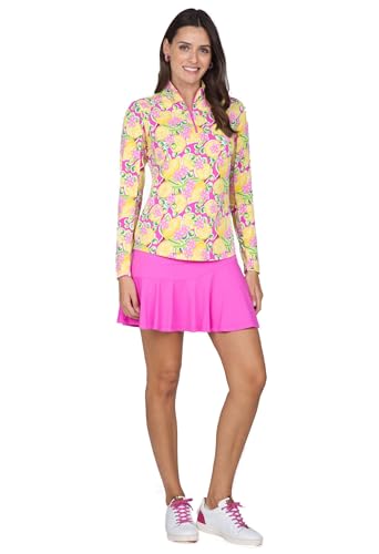 IBKUL Athleisure Wear Sun Protective UPF 50+ Icefil Cooling Tech Calista Print Long Sleeve Mock Neck Top – 10652 Hot Pink Multi Calista XL2