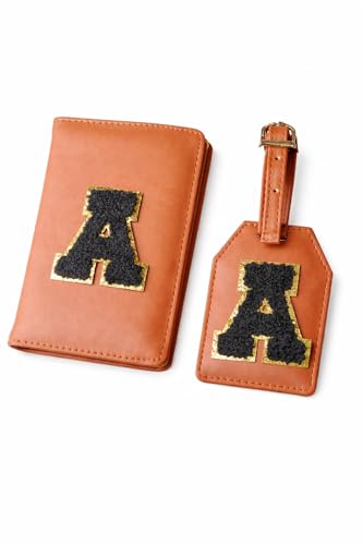Image of Passport Cover & Bag Tag Combo | Personalized Initial Alphabet Custom A-Z Name Initial | Fits Standard Passports | Travel GiftIdeal Travel Gift for Women, Girls & Couples (Tan)
