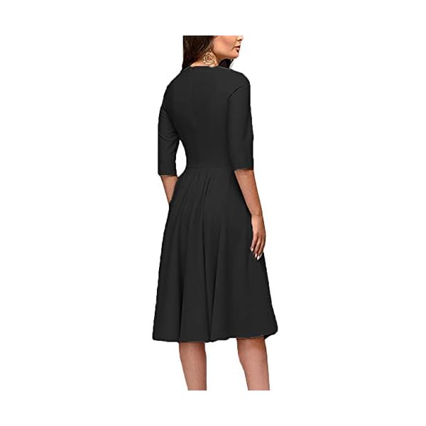 Womens-Elegance-Audrey-Hepburn-Style-Ruched-Dress-Round-Neck-34-Sleeve-Sleeveless-Swing-Midi-A-line-Dresses FENJAR Womens Elegance Audrey Hepburn Style Ruched 3/4 Sleeve Midi A-line Dress Black