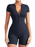 YEOREO Women Short Sleeve Workout Jumpsuit Zip Up Romper Bottom Shorts Bodysuit Bodycon Sexy One Piece Navy M