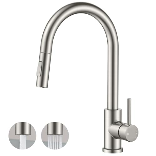 FORIOUS Kitchen Faucet with Pull Down Sprayer, Classic Single Hole Kitchen Sink Faucet with Deck Plate, Brushed Nickel Single Handle, High Arc Stainless Steel for RV Bar Farmhouse Laundry Outdoor