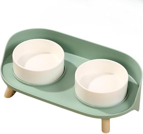 AOBOPO ペット用食器スタンド 猫・犬用 セラミックボウル2個セット 浅広口タイプ陶器碗付き木製台 斜め設計食べやすい フードボウル&水ボウル兼用 食事補助ペット食器台 シンプルデザイン家庭用ペット用品 小型中型犬猫通用 防汚防転倒 衛生的洗浄容易