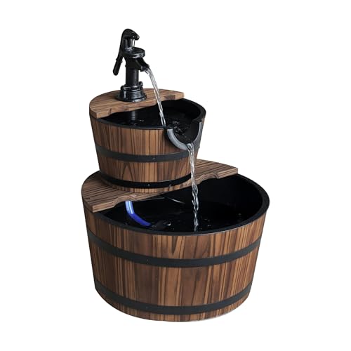 Outsunny Wood Freestanding Fountain with 2 Tier Waterfall Barrel, Electric