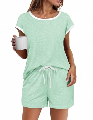 Image of Ekouaer Womens Pajamas Set 2 Piece Short Sleeves PJs O Neck Tops and Drawstring Waist Shorts Soft Lounge Set