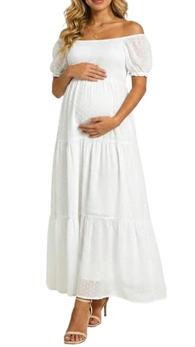 Image of Off The Shoulder Maternity Dress for Baby Shower - Women's Boho Swiss Dot Smocked Puff Sleeve Maxi Dress