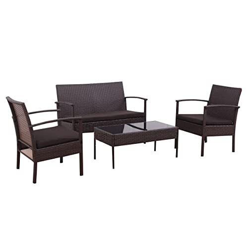 Image of Carry Bird 4 Piece PE Wicker Rattan Outdoor Furniture | 4 Seater Balcony Sofa With Tea Table | Set of 2+1+1 Outdoor Patio Chairs with Coffee Table | Sofa Sets & Center Table for Home & Garden | 3 Piece Patio Stools with Table | Indoor Patio Furniture Set Space Saving | Rattan Chair | Patio Set | Wicker Conversation Set | Poolside Lawn Arm Chairs Set For Balcony & Terrace | Balcony Table chair Set | Hotel Patio Seating Chair & Table Set with Glass | Brown Cushion and Brown Sofa