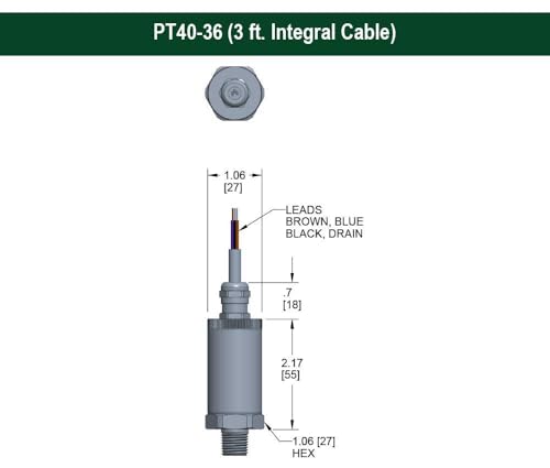 High Accuracy Fixed Range Pressure Transmitter, 0 to 3000 psi Gauge, ±0.25% of Span, Non-linearity Best fit Straight line, 0 Vdc to 5 Vdc, 3-Wire, 1/2 NPT Male, Integral Cable 3 ft