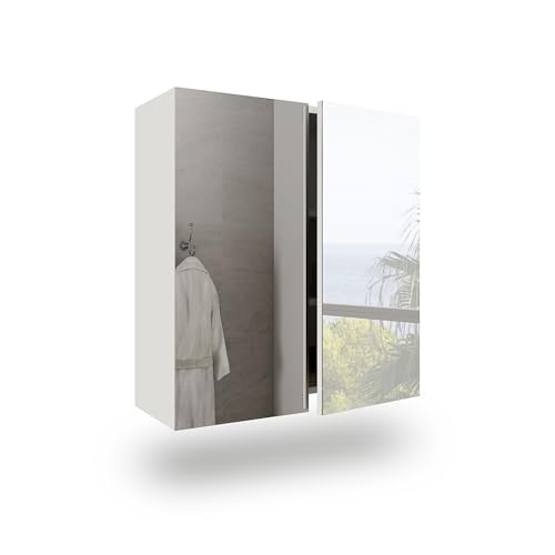 duehome | Mueble Camerino Dos Puertas para Baño, Modulo con Espejo y Estantes, Modelo Inspire, Acabado en Blanco Brillo, Medidas: 60 cm (Ancho) x 65 cm (Alto) x 21 cm (Fondo)