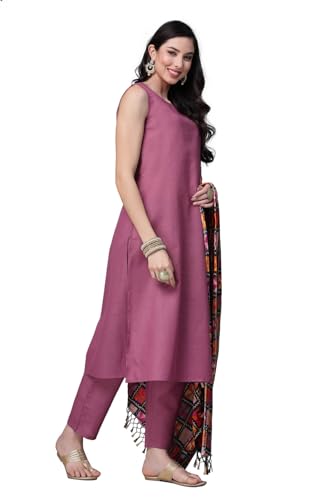 Image of Stylum Women's Solid Cotton Blend Straight Kurta Pant Dupatta Set